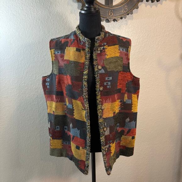COLDWATER CREEK Vest Patchwork Sz L Eclectic Western Equestrian Folk Artsy Ranch - Picture 1 of 7